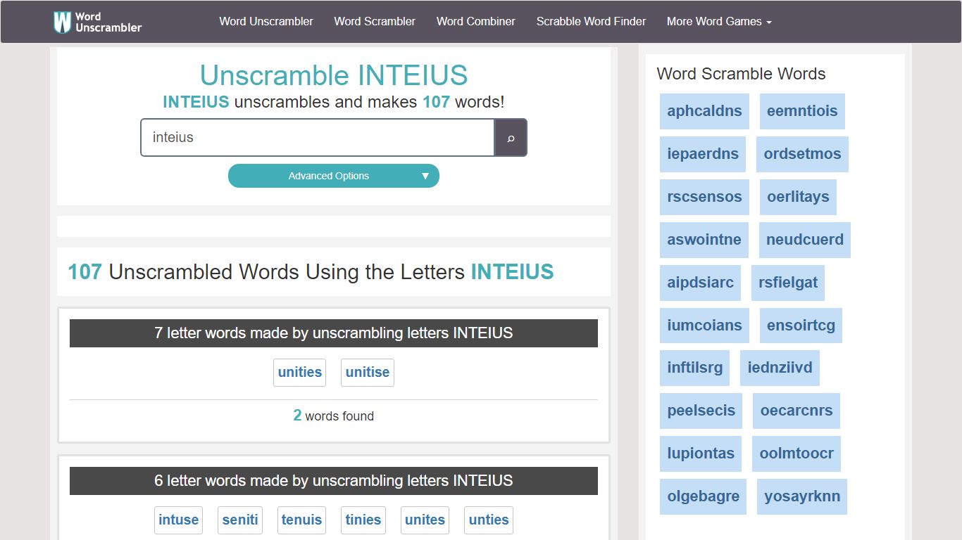 Unscramble INTEIUS - Unscrambled 107 words from letters in INTEIUS