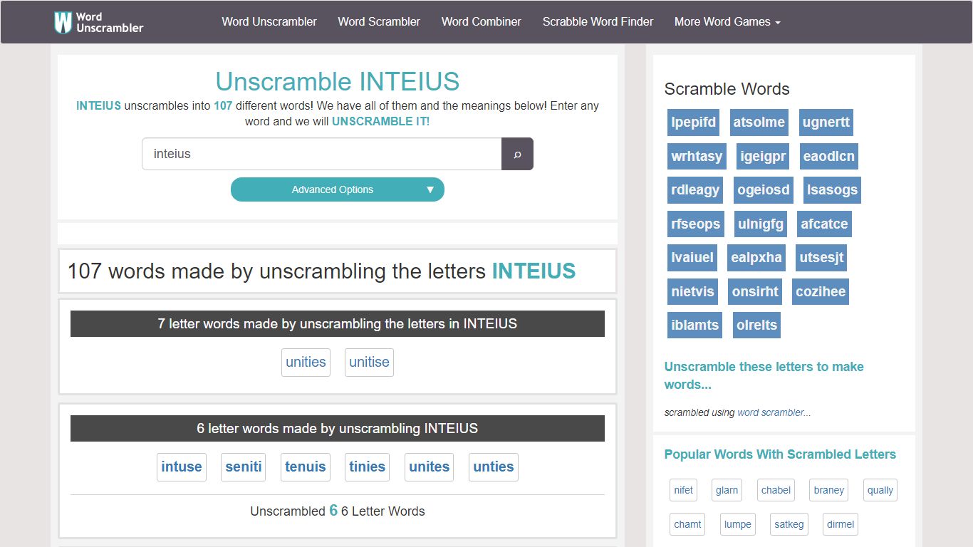 Unscramble INTEIUS : inteius unscrambles into 107 Words.